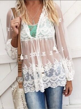 Spell Ophelia White Sheer Embroidered Boho Blouse XS